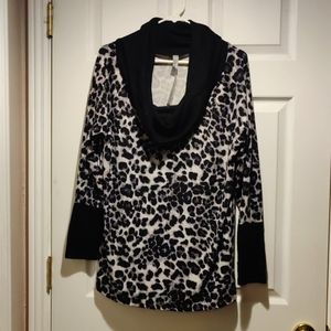 Cowl neck black leopard print top with tailored sleeve